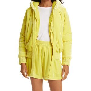 NORMA KAMALI Yellow Velvet Plush Padded Hooded Oversize Bomber Jacket Size Large